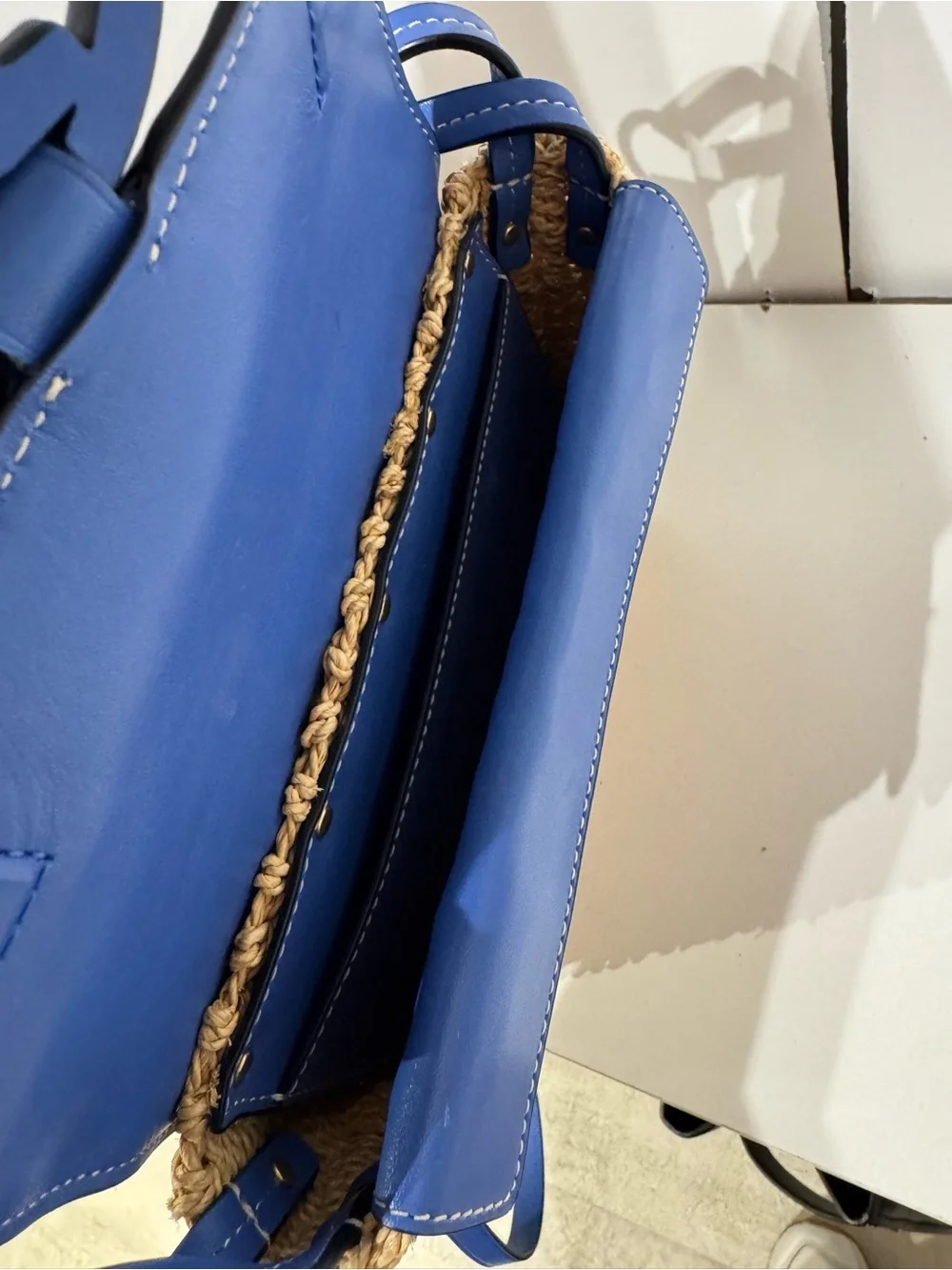 Tory Burch Blue Leather & Woven Straw Crossbody